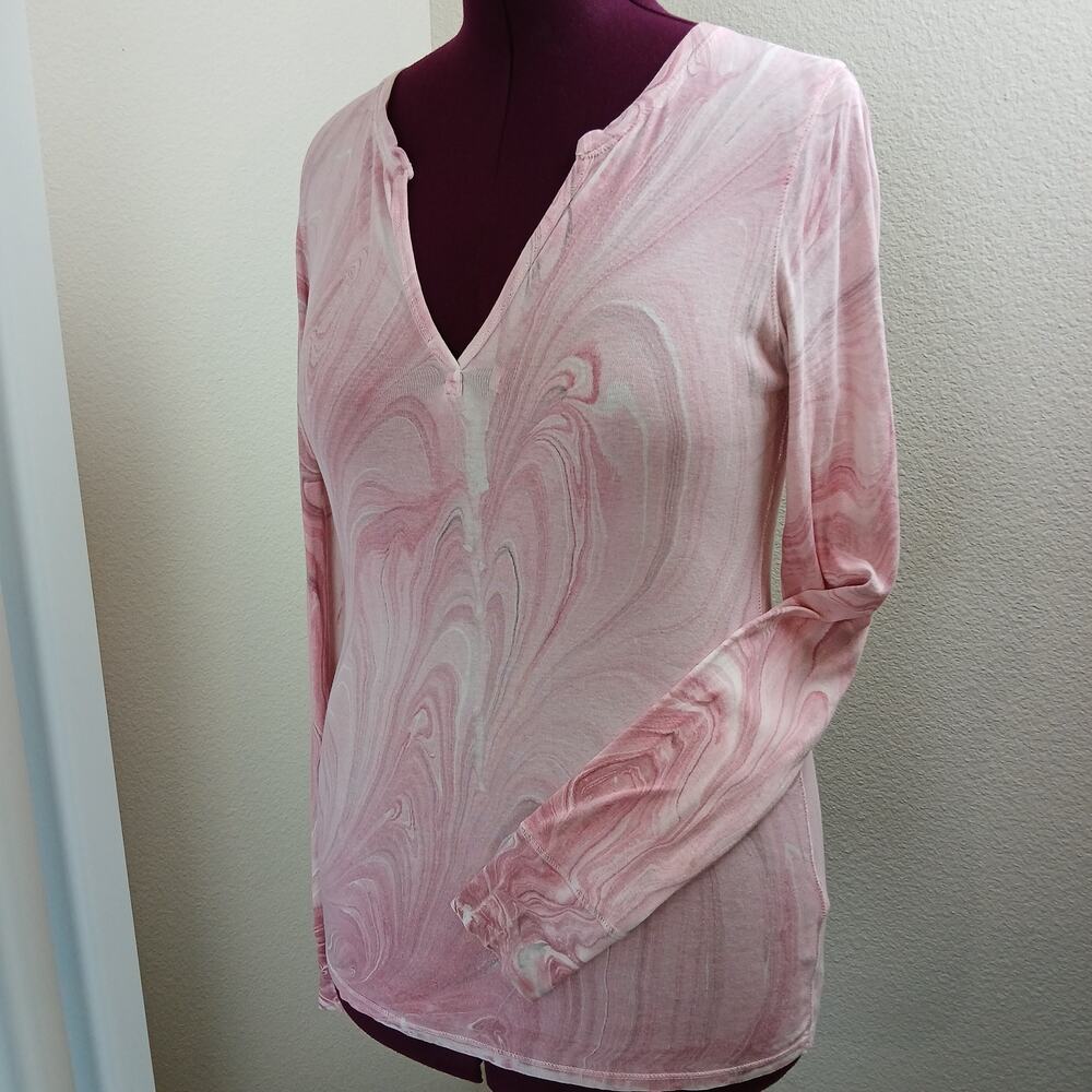 VTG 90s Lucky Brand Pink Swirl Long Sleeve Tee L repaired cotton V-neck henley